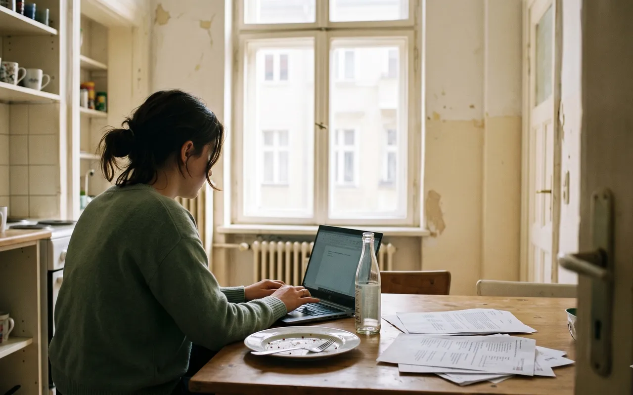 Studentin arbeitet am Laptop in einer WG-Küche