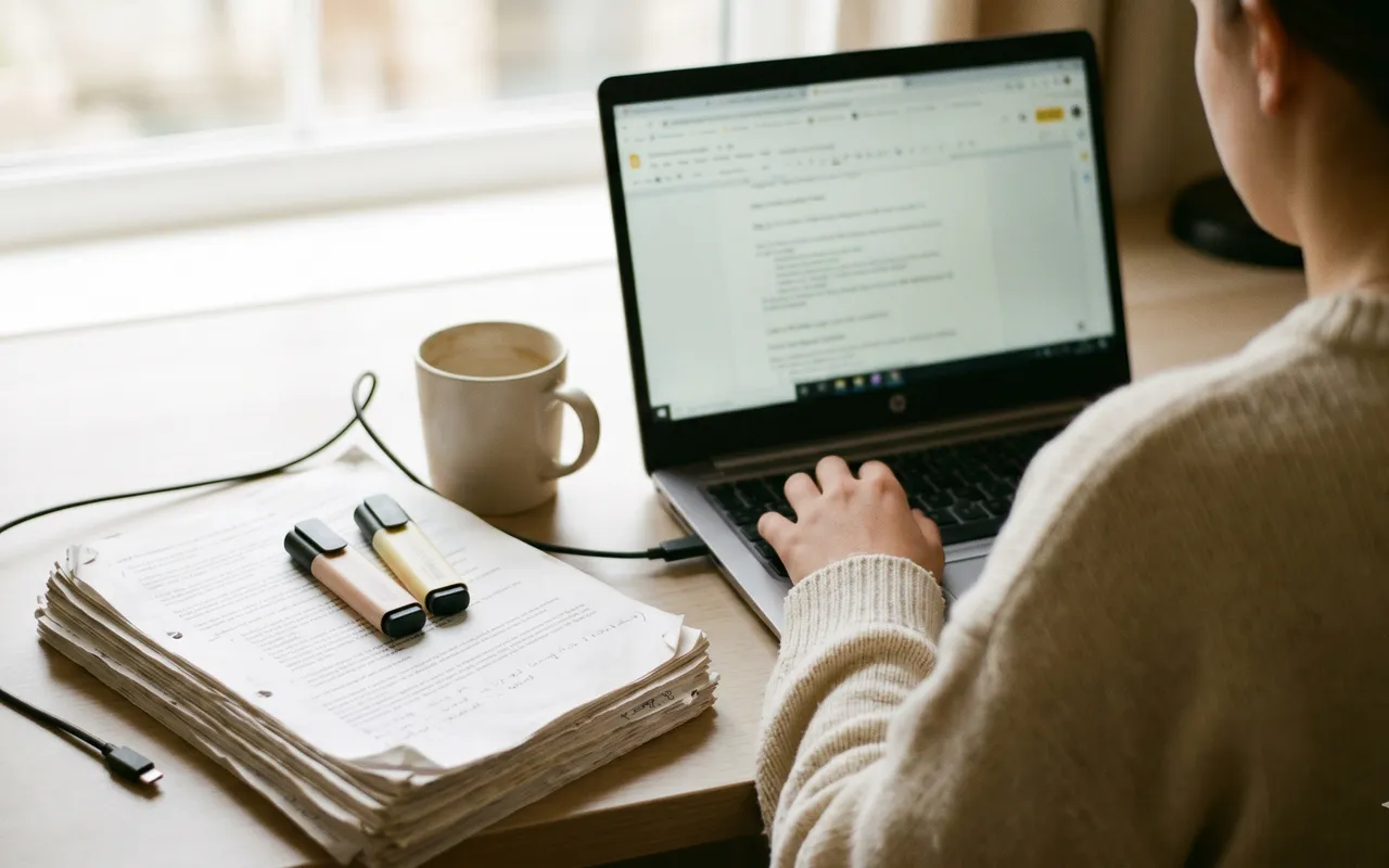 Schreibtisch mit Laptop und einem Stapel Vorlesungsskripte