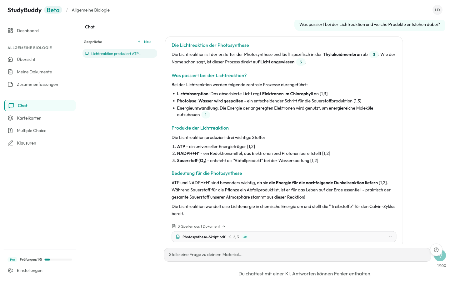 Quellenkarte in StudyBuddy, die Dokument und Seitenzahl der zugrunde liegenden Stelle zeigt