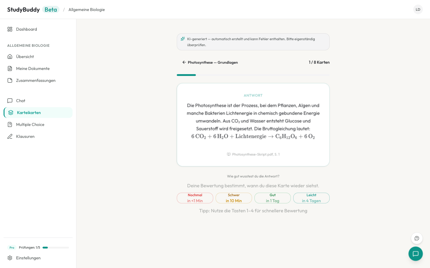Aus einem hochgeladenen PDF generierte Karteikarte mit Quellenangabe in StudyBuddy